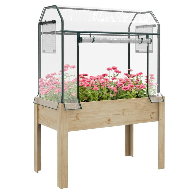 Wooden Planter Box with Greenhouse Cover and Bed Liner, Raised Garden Bed for Vegetables, Flowers, Herbs