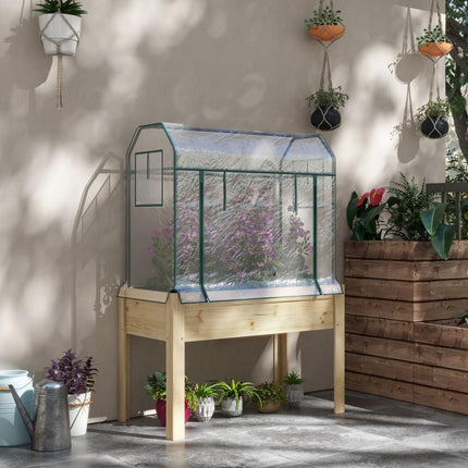 Wooden Planter Box with Greenhouse Cover and Bed Liner, Raised Garden Bed for Vegetables, Flowers, Herbs