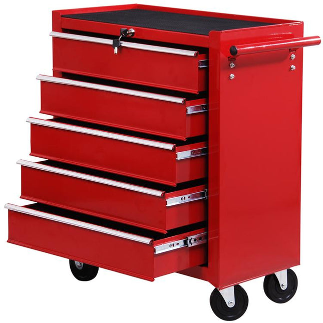 5 Drawer Tool Chest on Wheels, Lockable Steel Tool Trolley with Side Handle for Workshop, Garage, Red