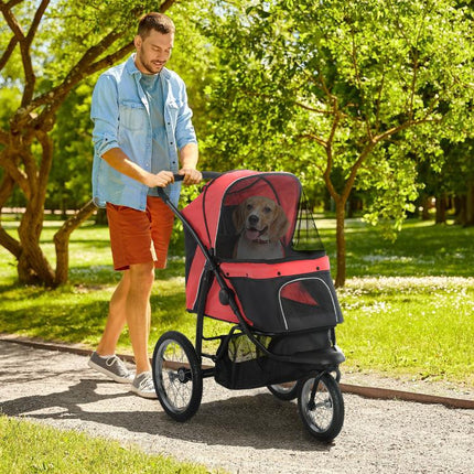 Foldable Pet Stroller with Three Wheels, for Small, Medium Dogs, Red