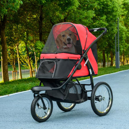Foldable Pet Stroller with Three Wheels, for Small, Medium Dogs, Red