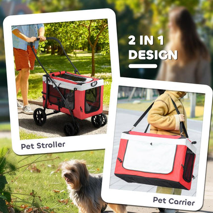 Foldable Dog Stroller, Pet Travel Crate, with Detachable Carrier, Soft Padding, for Mini, Small Dogs - Red