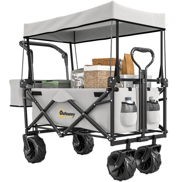 Folding Trolley Cart Storage Wagon Beach Trailer 4 Wheels with Handle Overhead Canopy Cart Push Pull for Camping, Grey