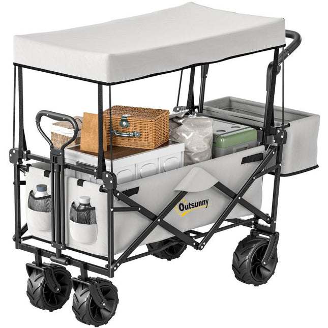 Folding Trolley Cart Storage Wagon Beach Trailer 4 Wheels with Handle Overhead Canopy Cart Push Pull for Camping, Grey