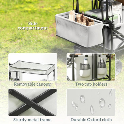 Folding Trolley Cart Storage Wagon Beach Trailer 4 Wheels with Handle Overhead Canopy Cart Push Pull for Camping, Grey