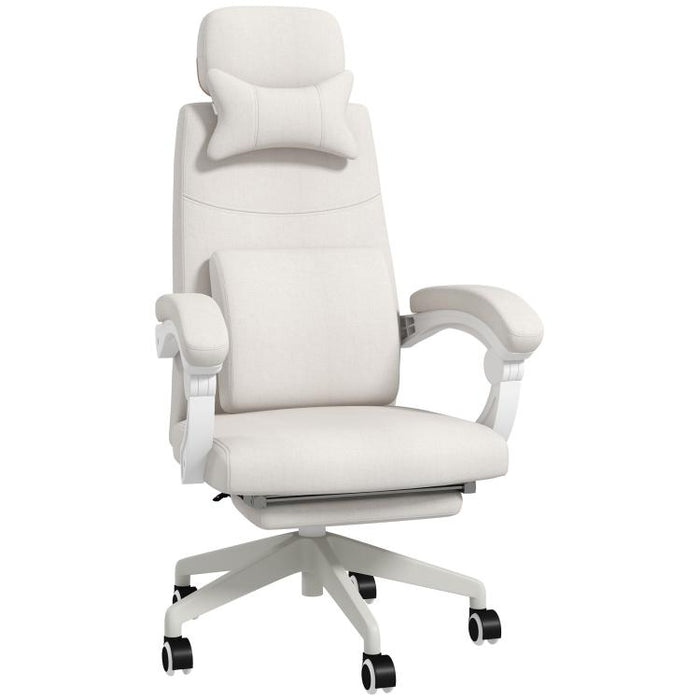 Linen-Look Office Chair, with 160 Degrees Reclining Back and Footrest - White