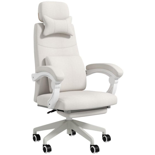 Linen-Look Office Chair, with 160 Degrees Reclining Back and Footrest - White