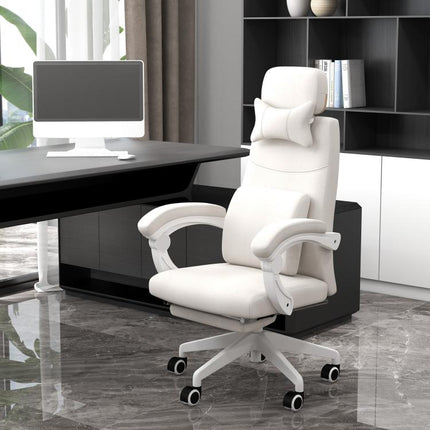 Linen-Look Office Chair, with 160 Degrees Reclining Back and Footrest - White