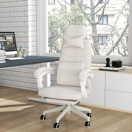 Linen-Look Office Chair, with 160 Degrees Reclining Back and Footrest - White