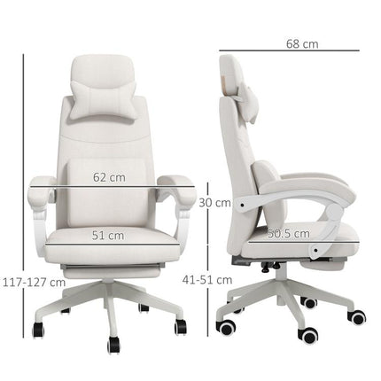 Linen-Look Office Chair, with 160 Degrees Reclining Back and Footrest - White