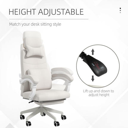 Linen-Look Office Chair, with 160 Degrees Reclining Back and Footrest - White
