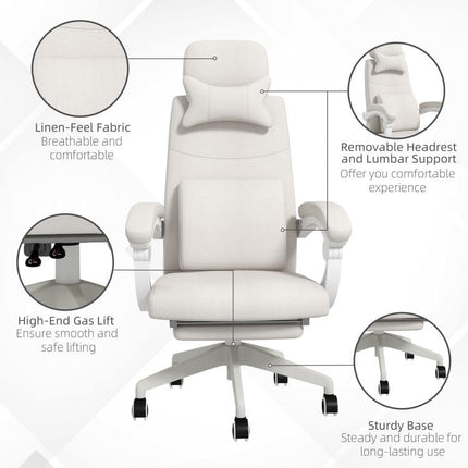 Linen-Look Office Chair, with 160 Degrees Reclining Back and Footrest - White