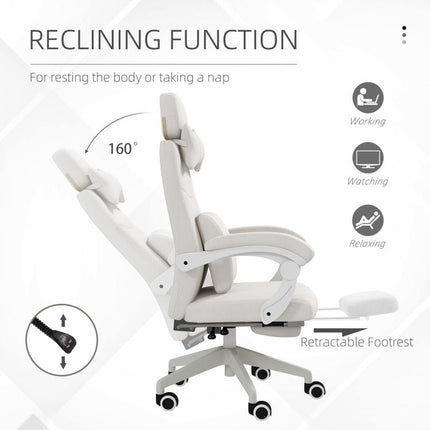 Linen-Look Office Chair, with 160 Degrees Reclining Back and Footrest - White