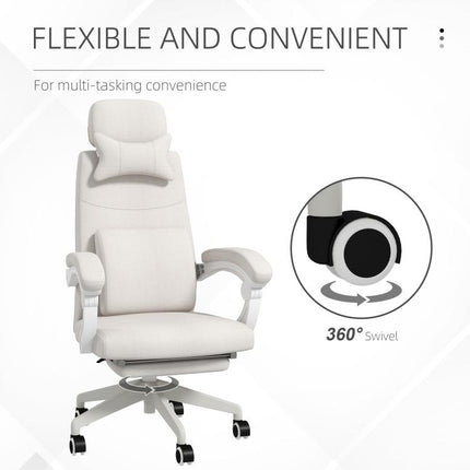 Linen-Look Office Chair, with 160 Degrees Reclining Back and Footrest - White