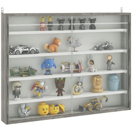 5-Tier Wall Display Shelf Unit Cabinet w/ 4 Adjustable Shelves Glass Doors Home Office Ornaments 60x80cm Grey Wood Grain