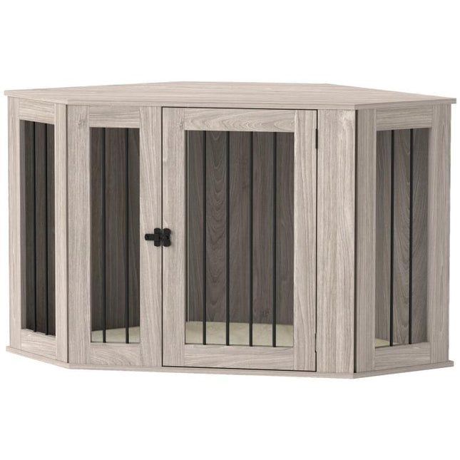 Dog Crate Furniture Side Table, with Cushion, 122 x 61 x 71cm - Walnut Brown