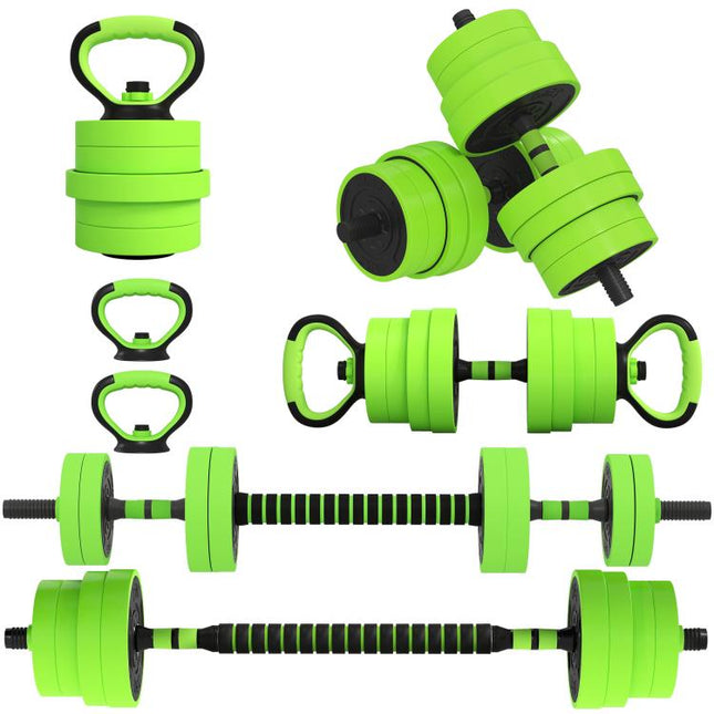 30kg 6-In-One Adjustable Weight Dumbbells Set, Barbell, Kettlebell, Push Up Stand - Green