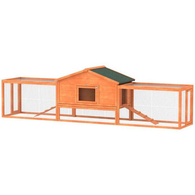 Wooden Rabbit Hutch with Run, Tray, Ramps, Asphalt Roof, 309 x 70 x 87cm, Orange