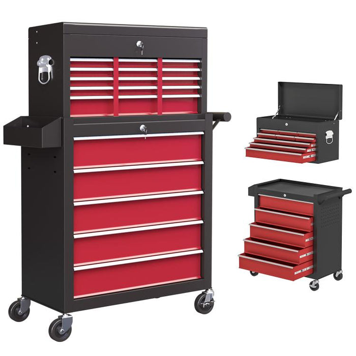14 Drawer, Two-Part Tool Storage Chest on Wheels - Red