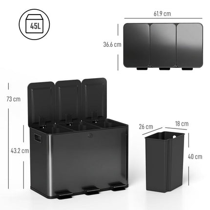 3 x 15L Pedal Bin, Steel Triple Kitchen Bin with Soft Close Lid, Removable Inner Buckets, Fingerprint-Proof, Black