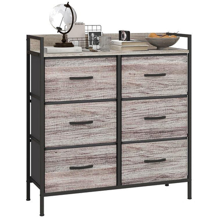 Rustic Chest of Six Fabric Drawers - Grey Wood Effect