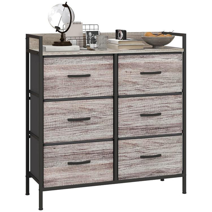Rustic Chest of Six Fabric Drawers - Grey Wood Effect