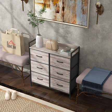 Rustic Chest of Six Fabric Drawers - Grey Wood Effect