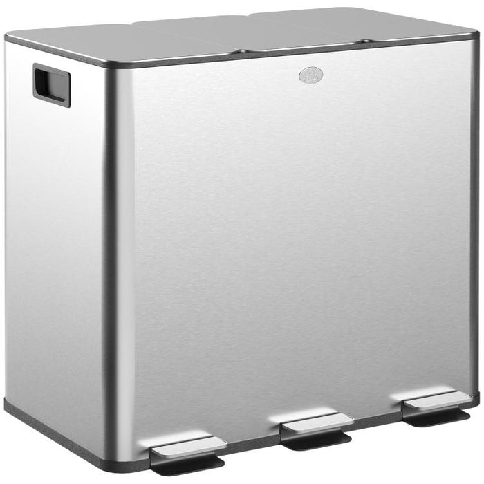 3 x 15L Pedal Bin, Steel Triple Kitchen Bin with Soft Close Lid, Removable Inner Buckets, Fingerprint-Proof, Silver Tone