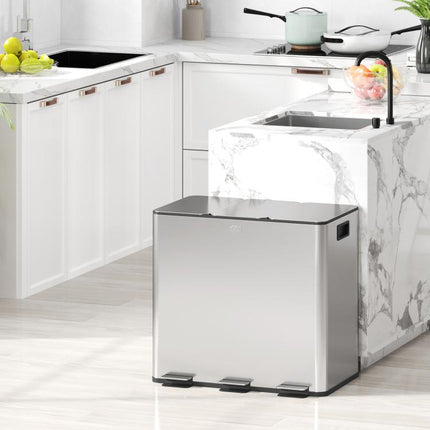 3 x 15L Pedal Bin, Steel Triple Kitchen Bin with Soft Close Lid, Removable Inner Buckets, Fingerprint-Proof, Silver Tone