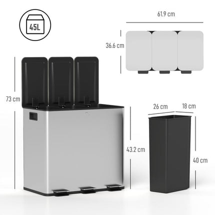 3 x 15L Pedal Bin, Steel Triple Kitchen Bin with Soft Close Lid, Removable Inner Buckets, Fingerprint-Proof, Silver Tone