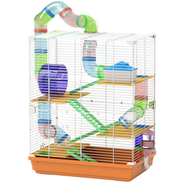 5 Tier Hamster Cage Carrier Habitat w/ Exercise Wheels, Tunnel, Orange