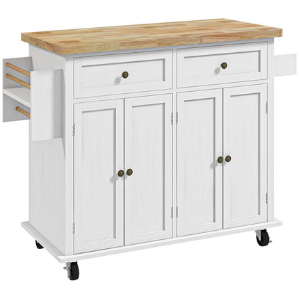 Rolling Kitchen Island Storage Trolley with Rubber Wood Top & Drawers for Dining Room, White