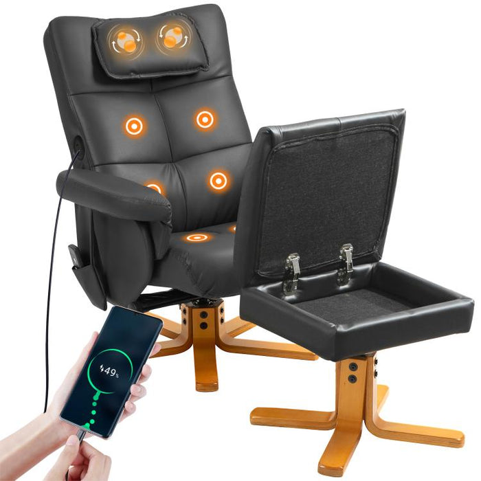 Faux Leather Massage Recliner Chair, with Storage Ottoman - Black