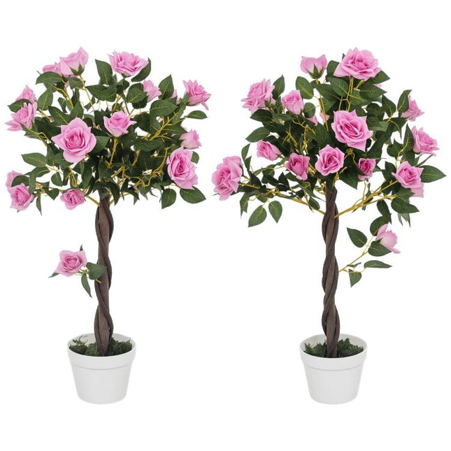 Set of 2 Artificial Plants White Rose Floral in Pot, Fake Plants for Home Indoor Decor, 90cm, Purple