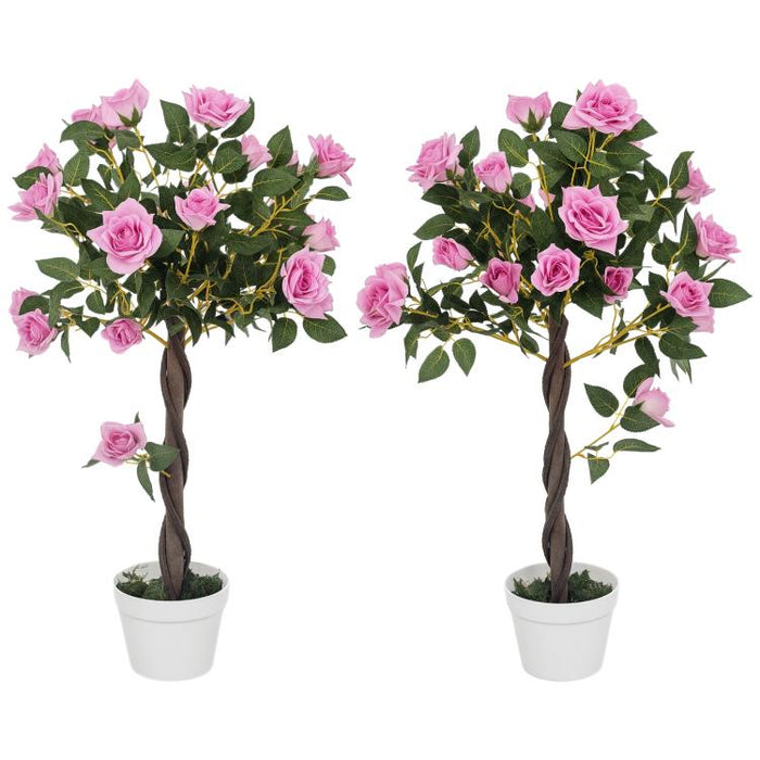 Set of 2 Artificial Plants White Rose Floral in Pot, Fake Plants for Home Indoor Decor, 90cm, Purple
