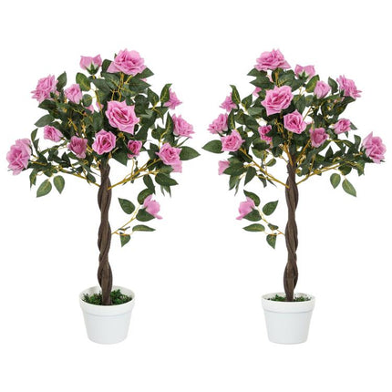 Set of 2 Artificial Plants White Rose Floral in Pot, Fake Plants for Home Indoor Decor, 90cm, Purple