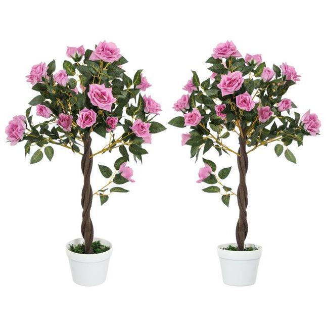 Set of 2 Artificial Plants White Rose Floral in Pot, Fake Plants for Home Indoor Decor, 90cm, Purple