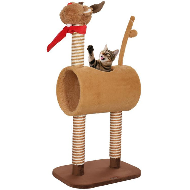 98cm Deer-Designed Cat Tree with Scratching Posts, Toy Ball, Tunnel, Brown