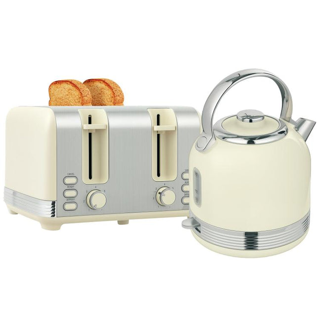 Polished Stainless Steel Kettle and Toaster Set - Cream