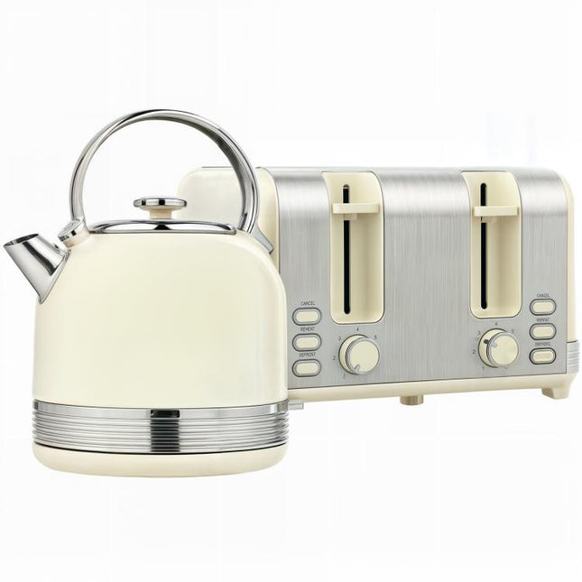 Polished Stainless Steel Kettle and Toaster Set - Cream