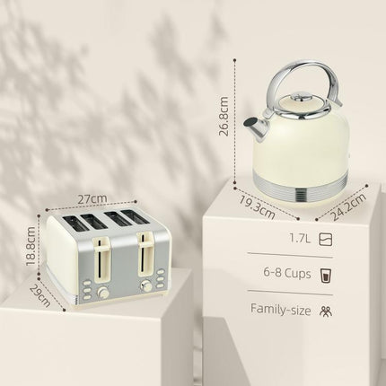 Polished Stainless Steel Kettle and Toaster Set - Cream