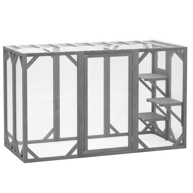71 inch Outdoor Wooden Cat House with Three Platforms, Large Door, Water-Resistant Roof, for Multiple Cats, Grey