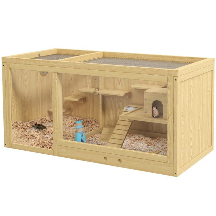 Wooden Hamster Cage with Water Bottle, Platforms, Openable Roof, Sliding Tray, Hut, Seesaws, Natural Wood Finish