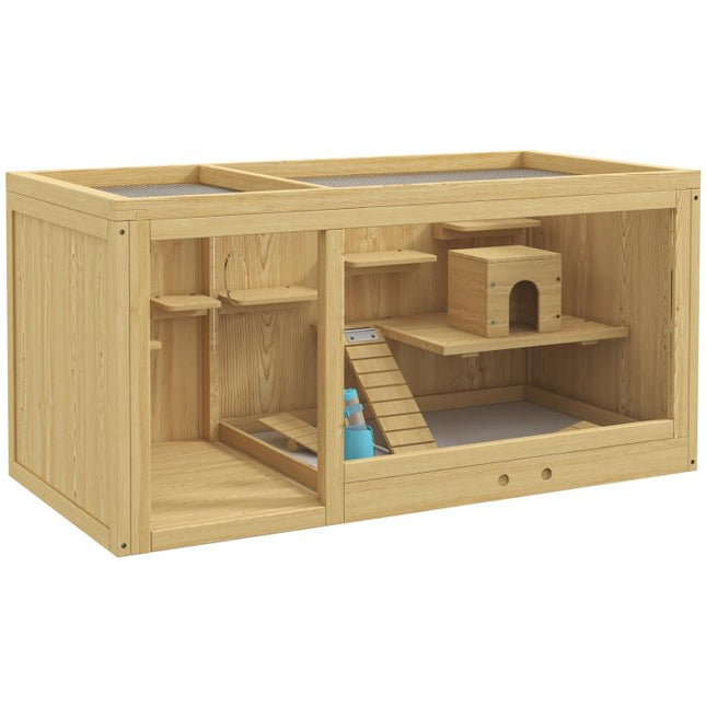 Wooden Hamster Cage with Water Bottle, Platforms, Openable Roof, Sliding Tray, Hut, Seesaws, Natural Wood Finish