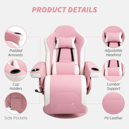 Manual Recliner Armchair PU Leather Lounge Chair w Adjustable Leg Rest, 135 Degrees Reclining Function, 360 Degrees Swivel, Pink