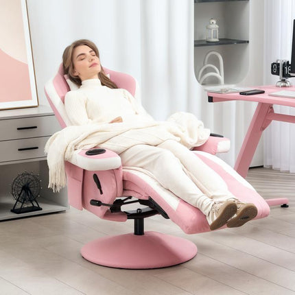 Manual Recliner Armchair PU Leather Lounge Chair w Adjustable Leg Rest, 135 Degrees Reclining Function, 360 Degrees Swivel, Pink