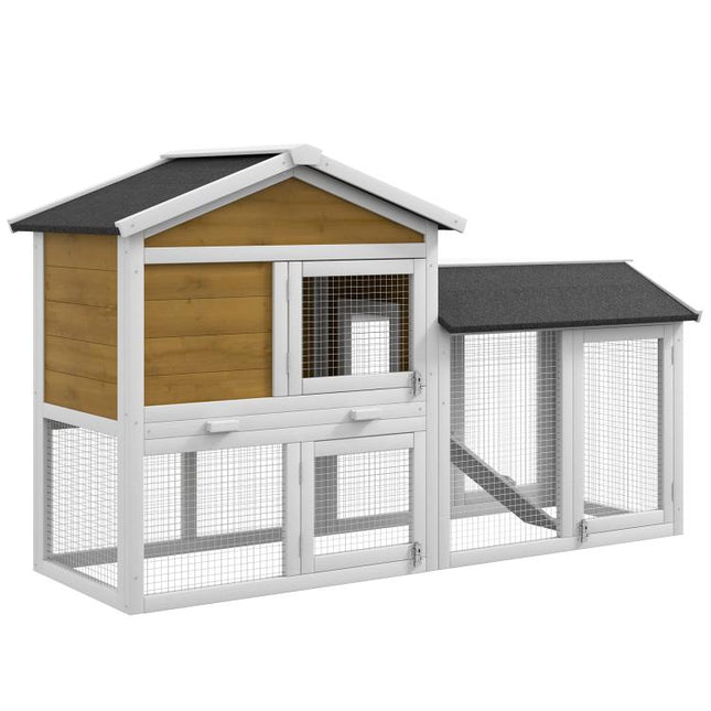 Wooden Rabbit Hutch Outdoor, Double Tier with Water-Resistant Roof, Ramp 147 x 54 x 84 cm, Yellow