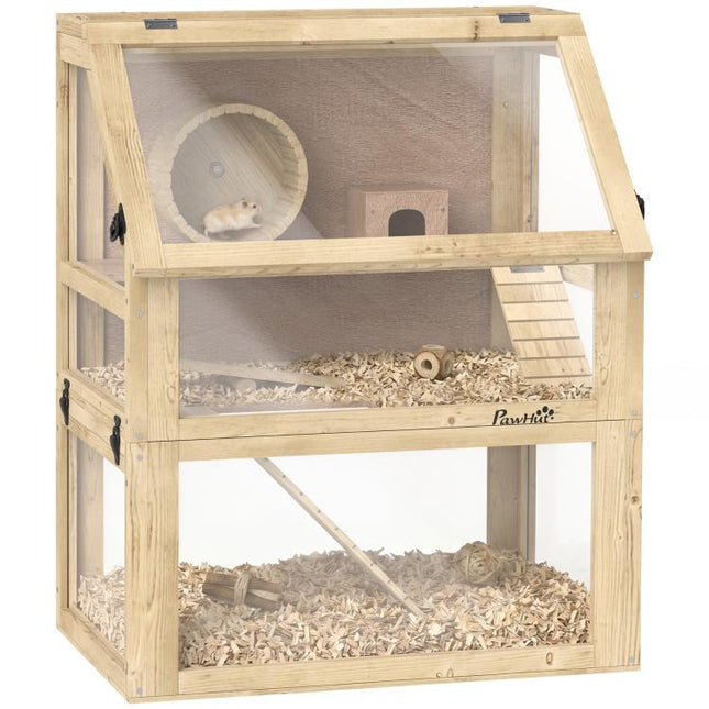 Wooden Hamster Cage with Detachable 32cm Deep Bottom, Hut, Seesaw, Exercise Wheel, Ramp, 60 x 40 x 75cm, Natural