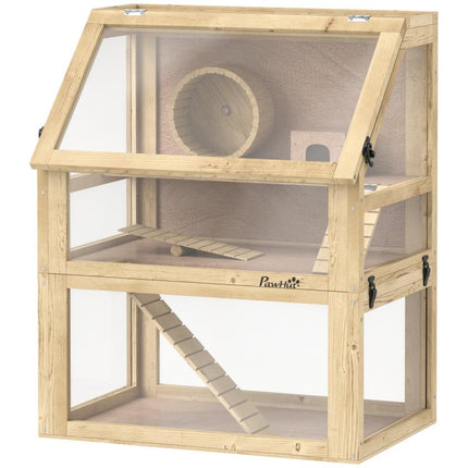 Wooden Hamster Cage with Detachable 32cm Deep Bottom, Hut, Seesaw, Exercise Wheel, Ramp, 60 x 40 x 75cm, Natural