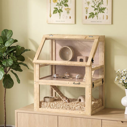 Wooden Hamster Cage with Detachable 32cm Deep Bottom, Hut, Seesaw, Exercise Wheel, Ramp, 60 x 40 x 75cm, Natural